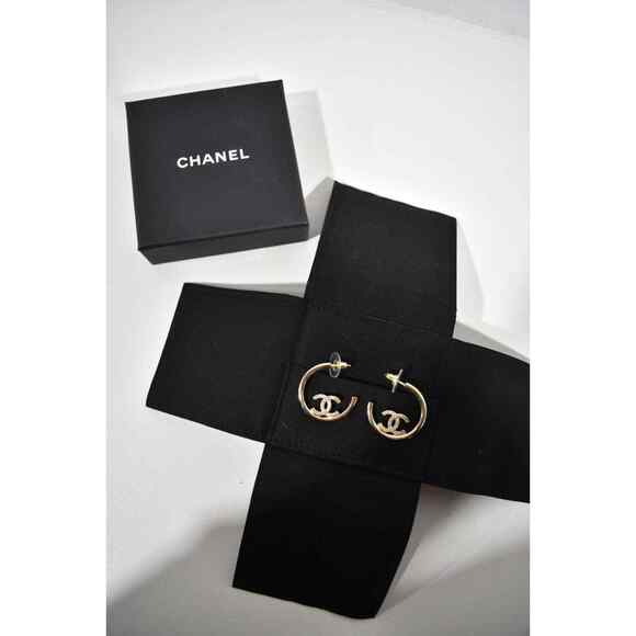 Chanel 22P Gold Metal Interlocking CC Logo Dangle Drop Statement Hoop Earrings - Picture 2 of 11
